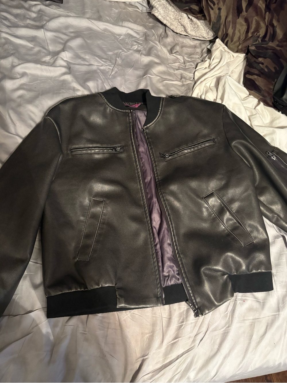 Edikted Black Faux Leather Bomber Jacket with Purple Lining